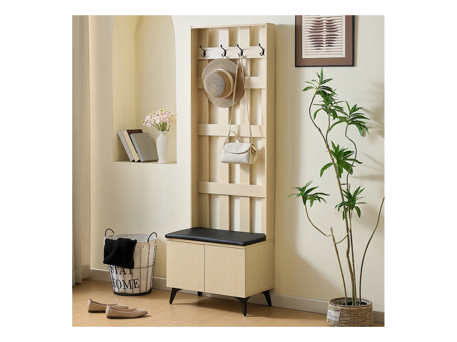 Ensemble vestiaire d'entrée 60x35x179.5 cm - avec banc - avec 4 crochets - 2 portes - Naturel