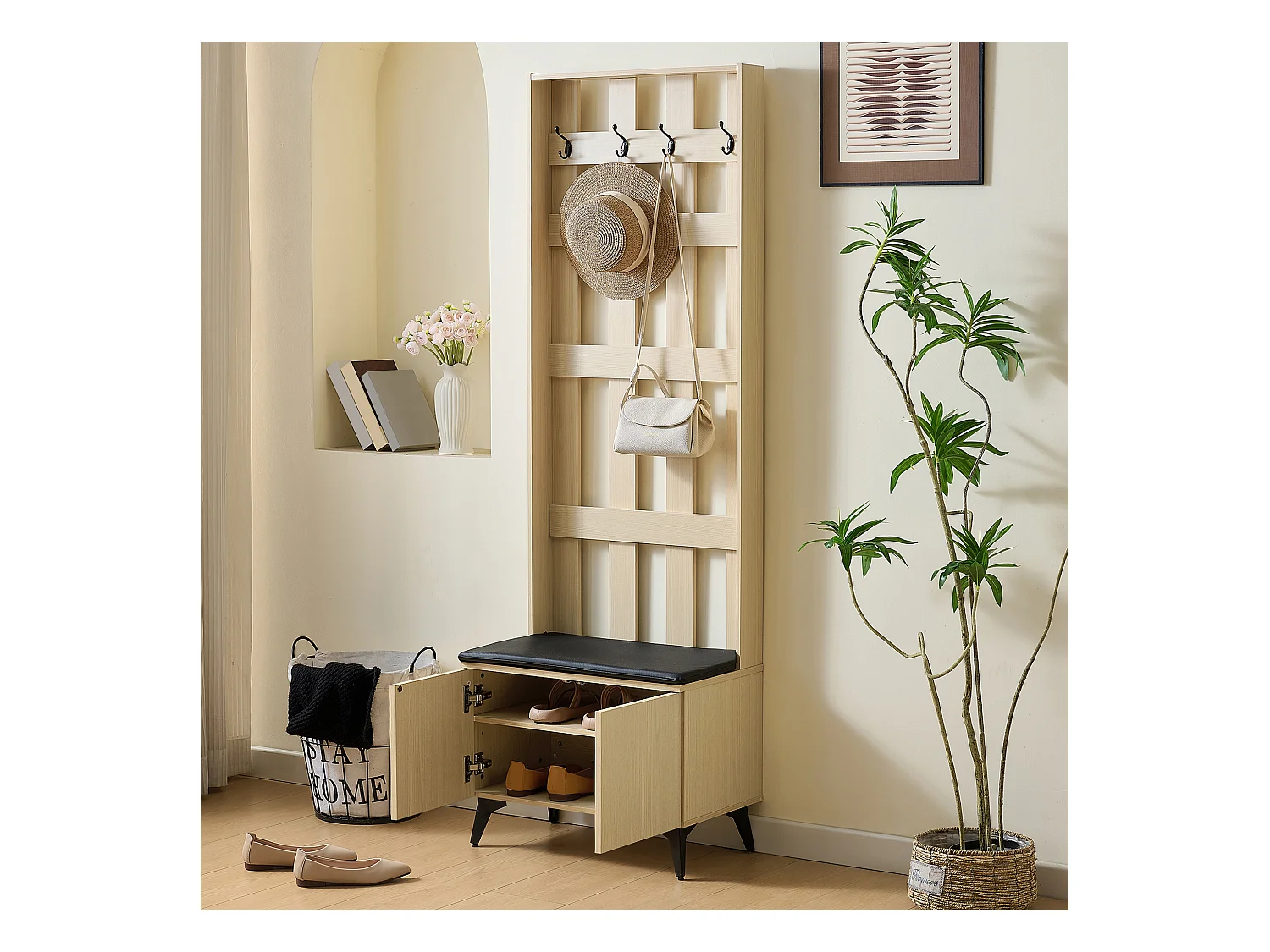 Ensemble vestiaire d'entrée 60x35x179.5 cm - avec banc - avec 4 crochets - 2 portes - Naturel