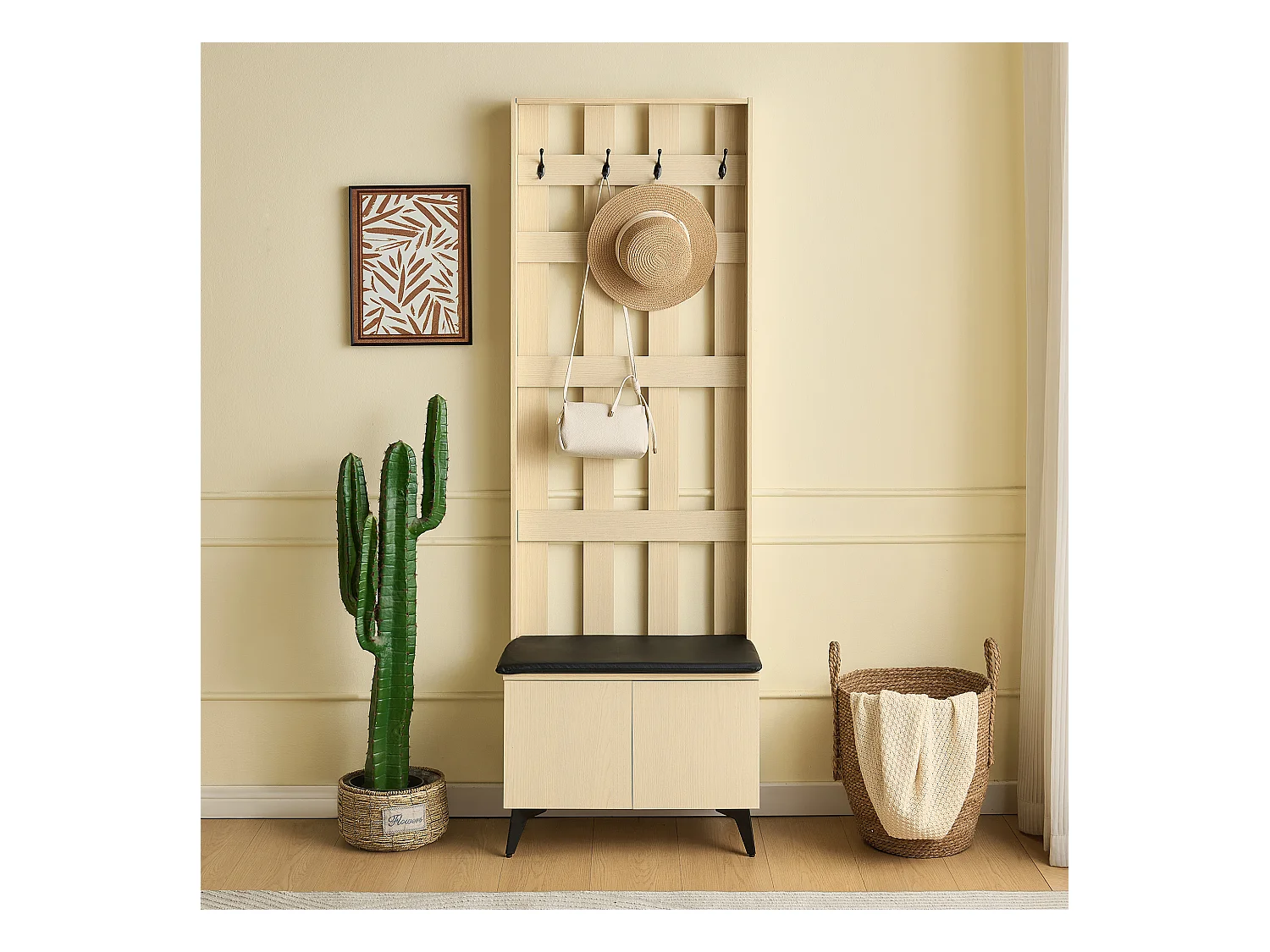 Ensemble vestiaire d'entrée 60x35x179.5 cm - avec banc - avec 4 crochets - 2 portes - Naturel