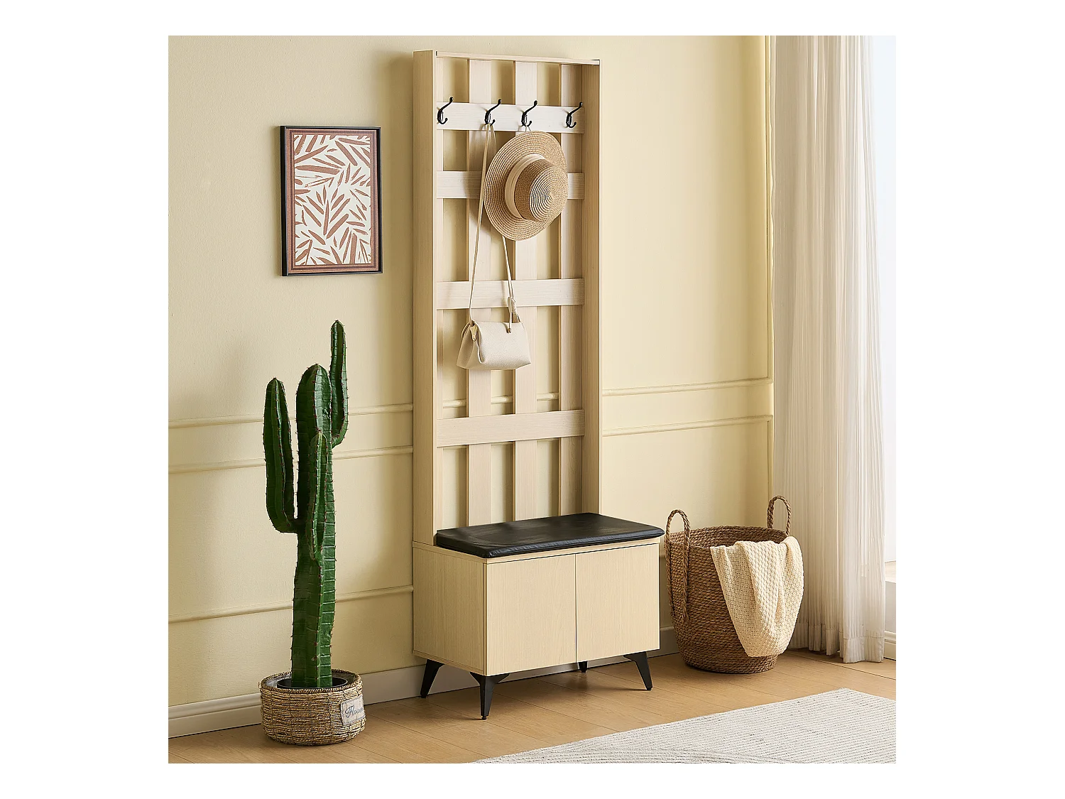 Ensemble vestiaire d'entrée 60x35x179.5 cm - avec banc - avec 4 crochets - 2 portes - Naturel