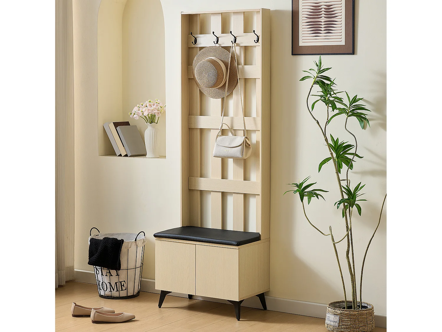 Garderobenset 60x35x179.5 cm - mit Bank - mit 4 Haken - 2 Türen - Natur