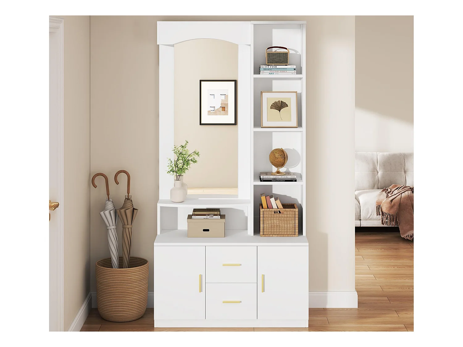 Ensemble vestiaire d'entrée 90x40x180cm - avec meuble à chaussures et miroir - 2 tiroirs et 2 portes - avec étagères - Blanc