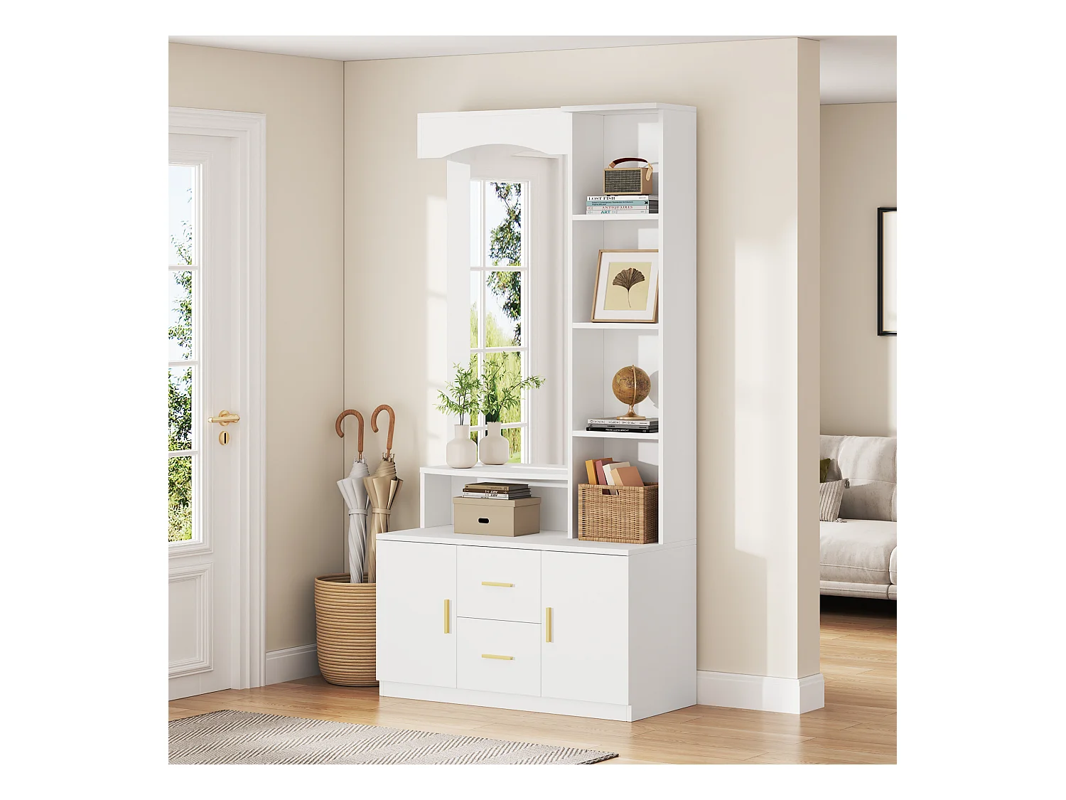 Ensemble vestiaire d'entrée 90x40x180cm - avec meuble à chaussures et miroir - 2 tiroirs et 2 portes - avec étagères - Blanc