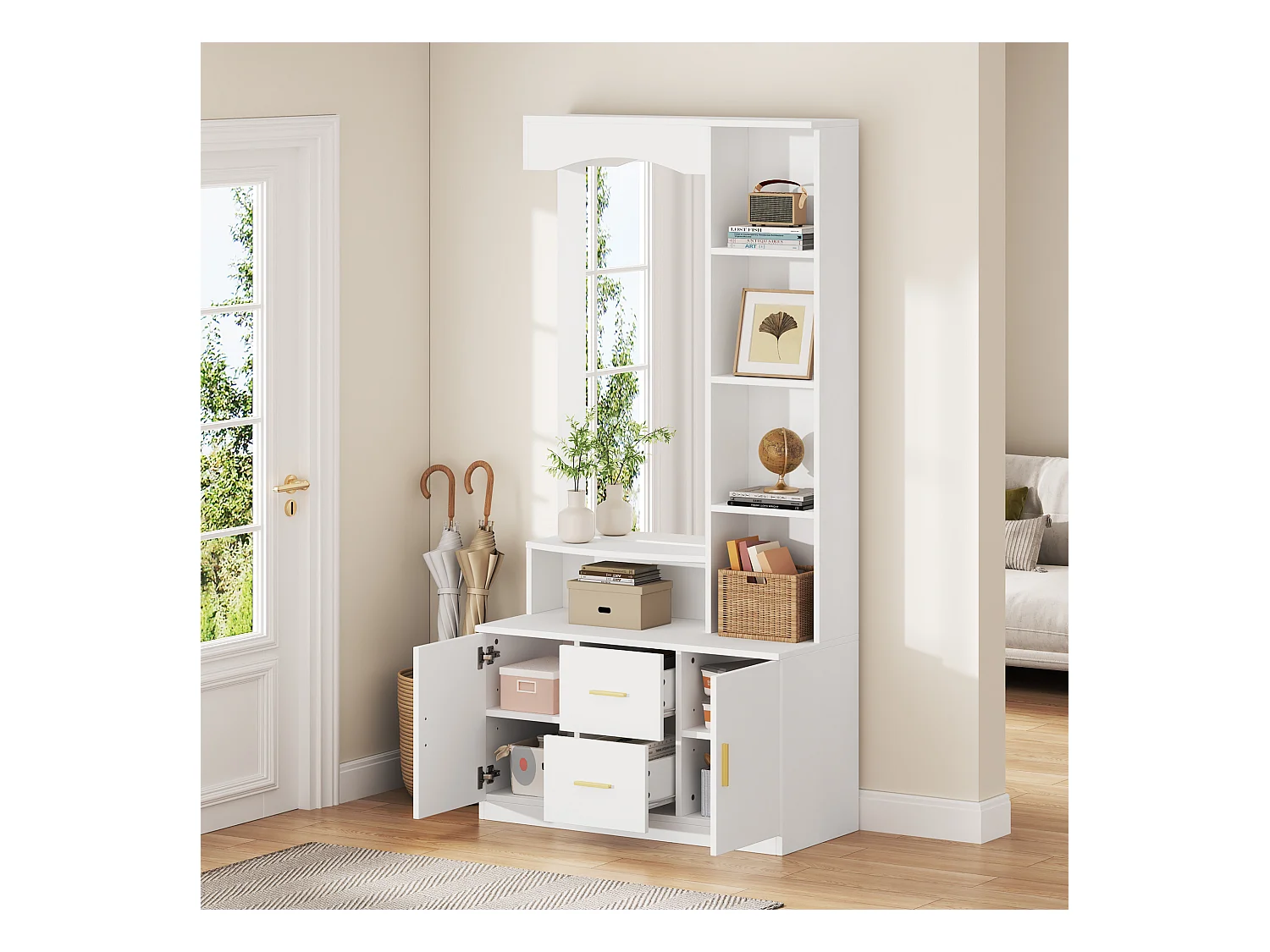 Ensemble vestiaire d'entrée 90x40x180cm - avec meuble à chaussures et miroir - 2 tiroirs et 2 portes - avec étagères - Blanc