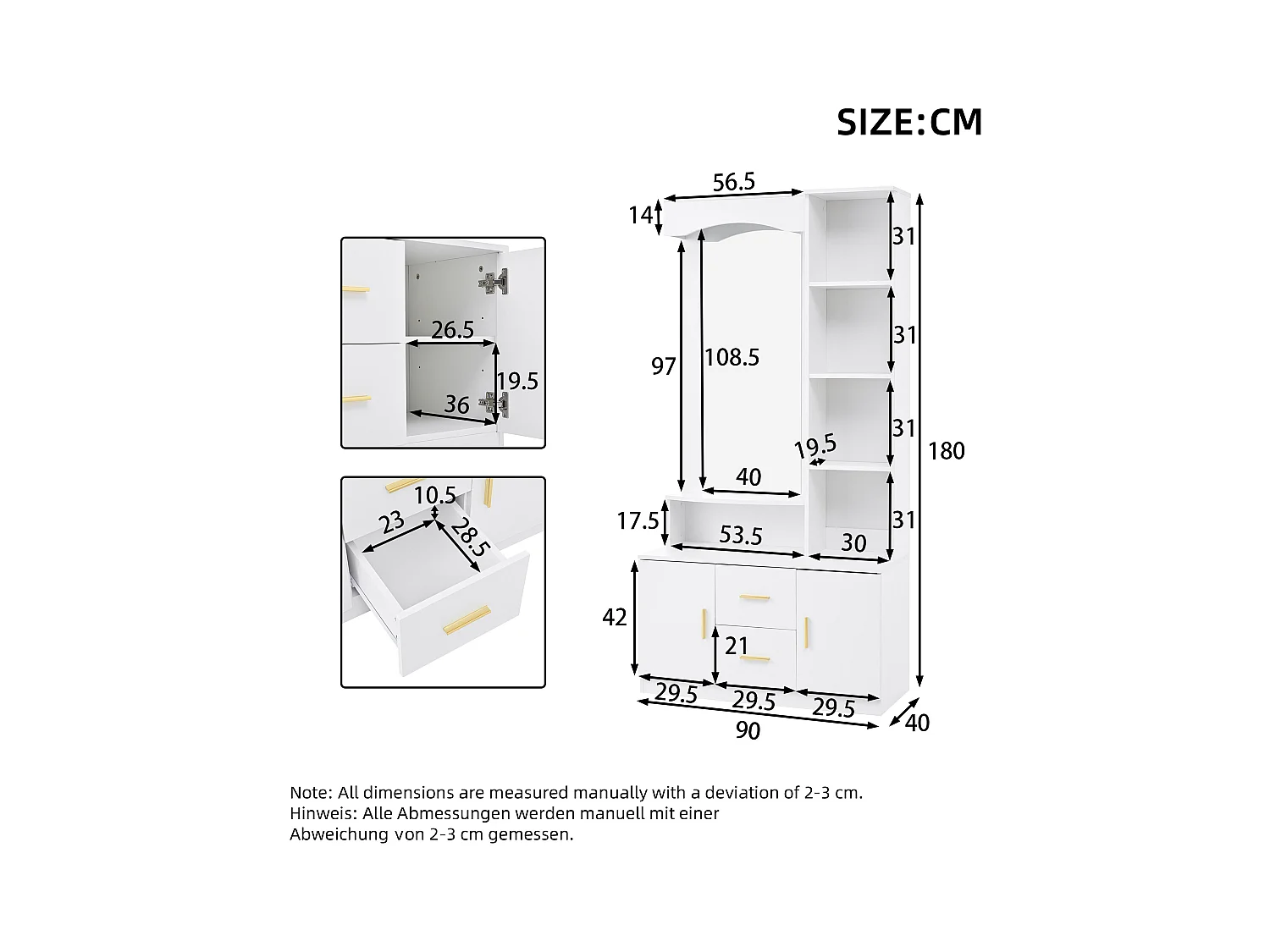 Ensemble vestiaire d'entrée 90x40x180cm - avec meuble à chaussures et miroir - 2 tiroirs et 2 portes - avec étagères - Blanc