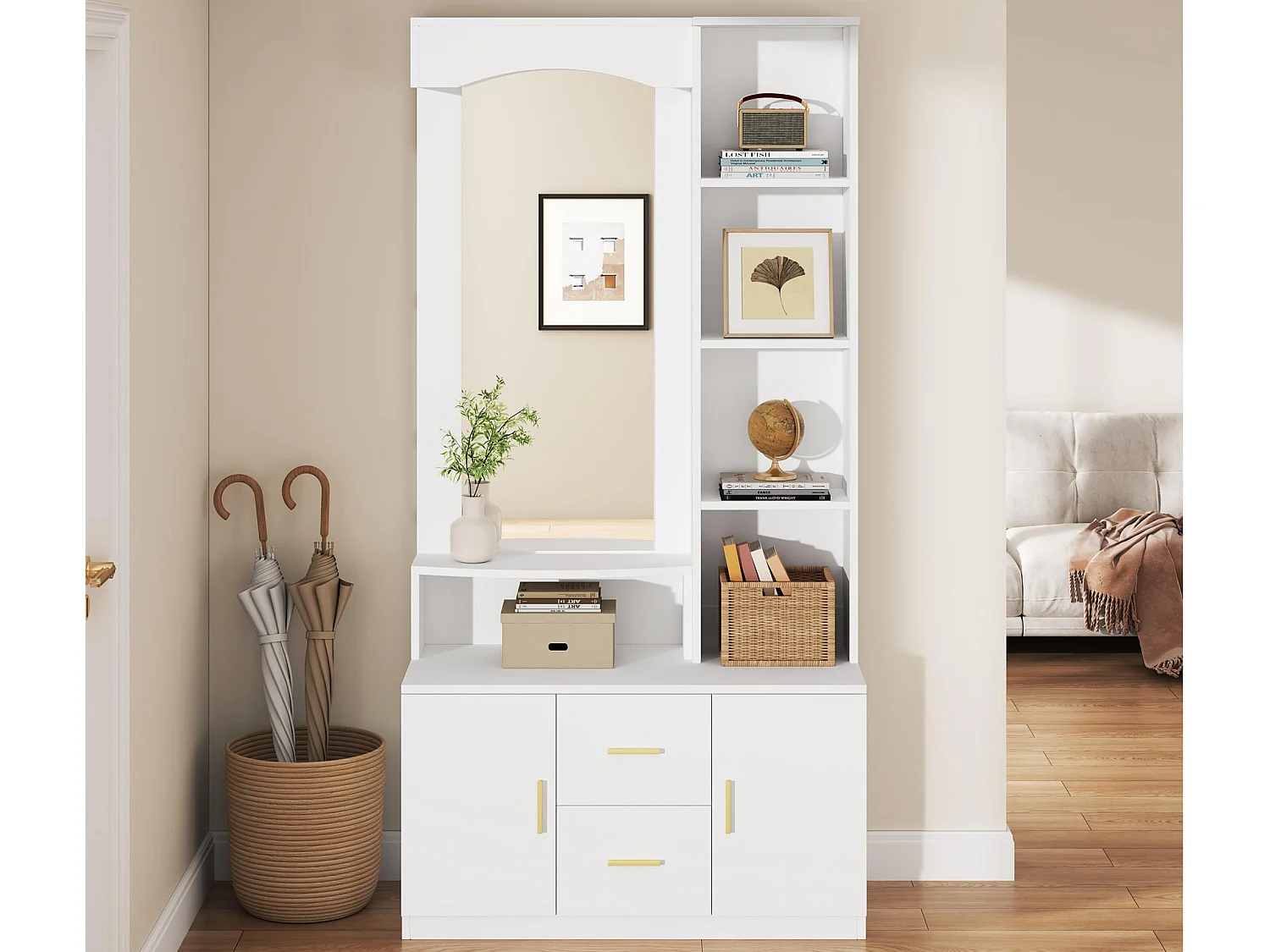 Set ingresso con appendiabiti 90x40x180cm - con mobile porta scarpe e specchio - 2 cassetti e 2 ante - con ripiani - Bianco