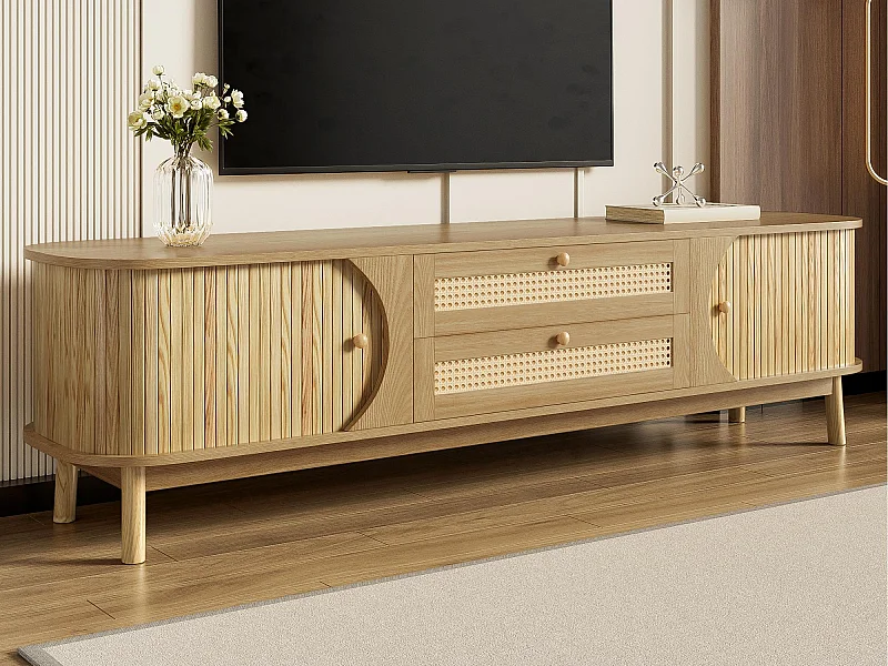 Meuble TV 170x40x46 cm - 2 tiroirs et 2 portes - grain de bois naturel + Rotin - MDF - Naturel