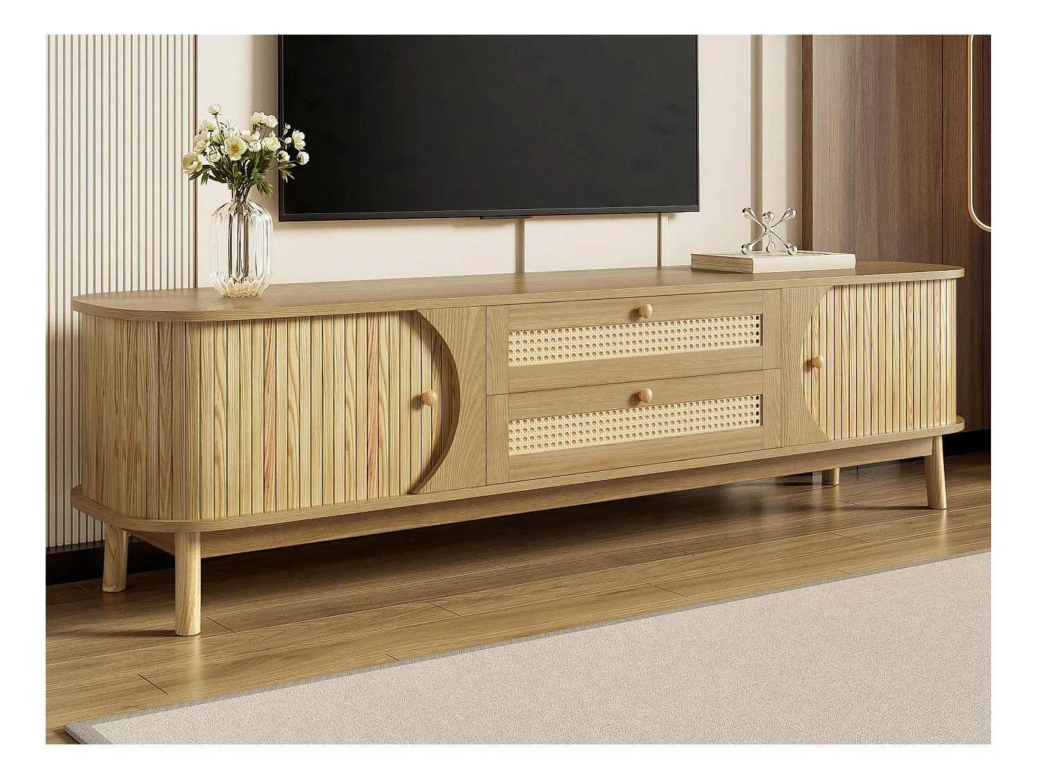 Meuble TV 170x40x46 cm - 2 tiroirs et 2 portes - grain de bois naturel + Rotin - MDF - Naturel