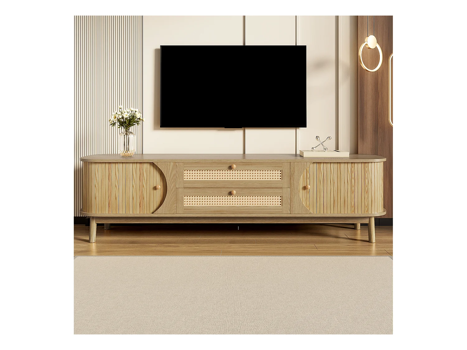 Meuble TV 170x40x46 cm - 2 tiroirs et 2 portes - grain de bois naturel + Rotin - MDF - Naturel