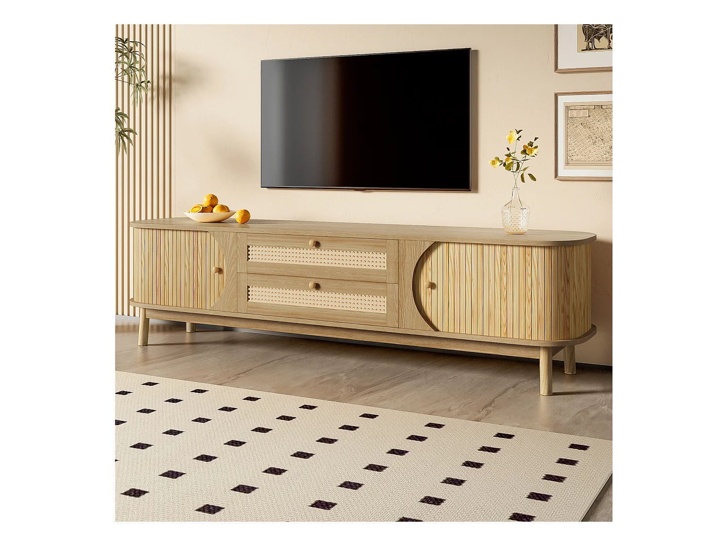 Meuble TV 170x40x46 cm - 2 tiroirs et 2 portes - grain de bois naturel + Rotin - MDF - Naturel