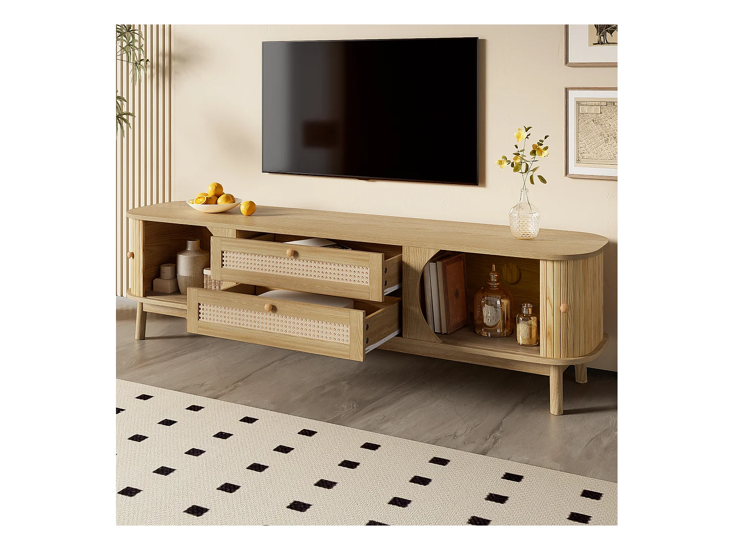 Meuble TV 170x40x46 cm - 2 tiroirs et 2 portes - grain de bois naturel + Rotin - MDF - Naturel