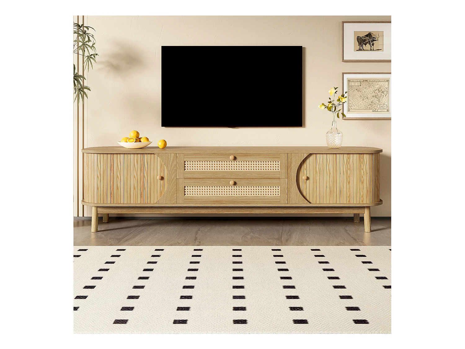 Meuble TV 170x40x46 cm - 2 tiroirs et 2 portes - grain de bois naturel + Rotin - MDF - Naturel