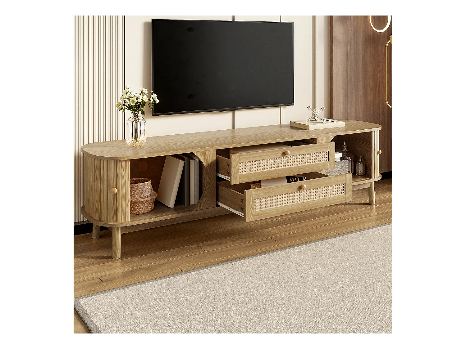 Meuble TV 170x40x46 cm - 2 tiroirs et 2 portes - grain de bois naturel + Rotin - MDF - Naturel
