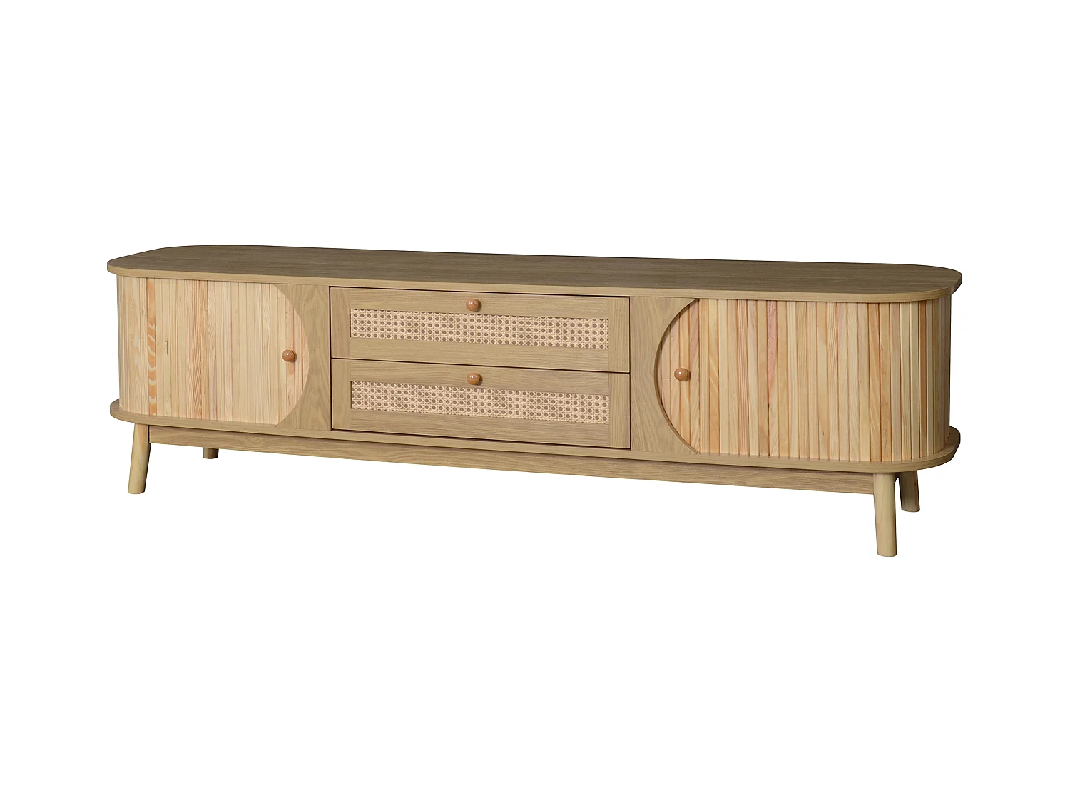Meuble TV 170x40x46 cm - 2 tiroirs et 2 portes - grain de bois naturel + Rotin - MDF - Naturel