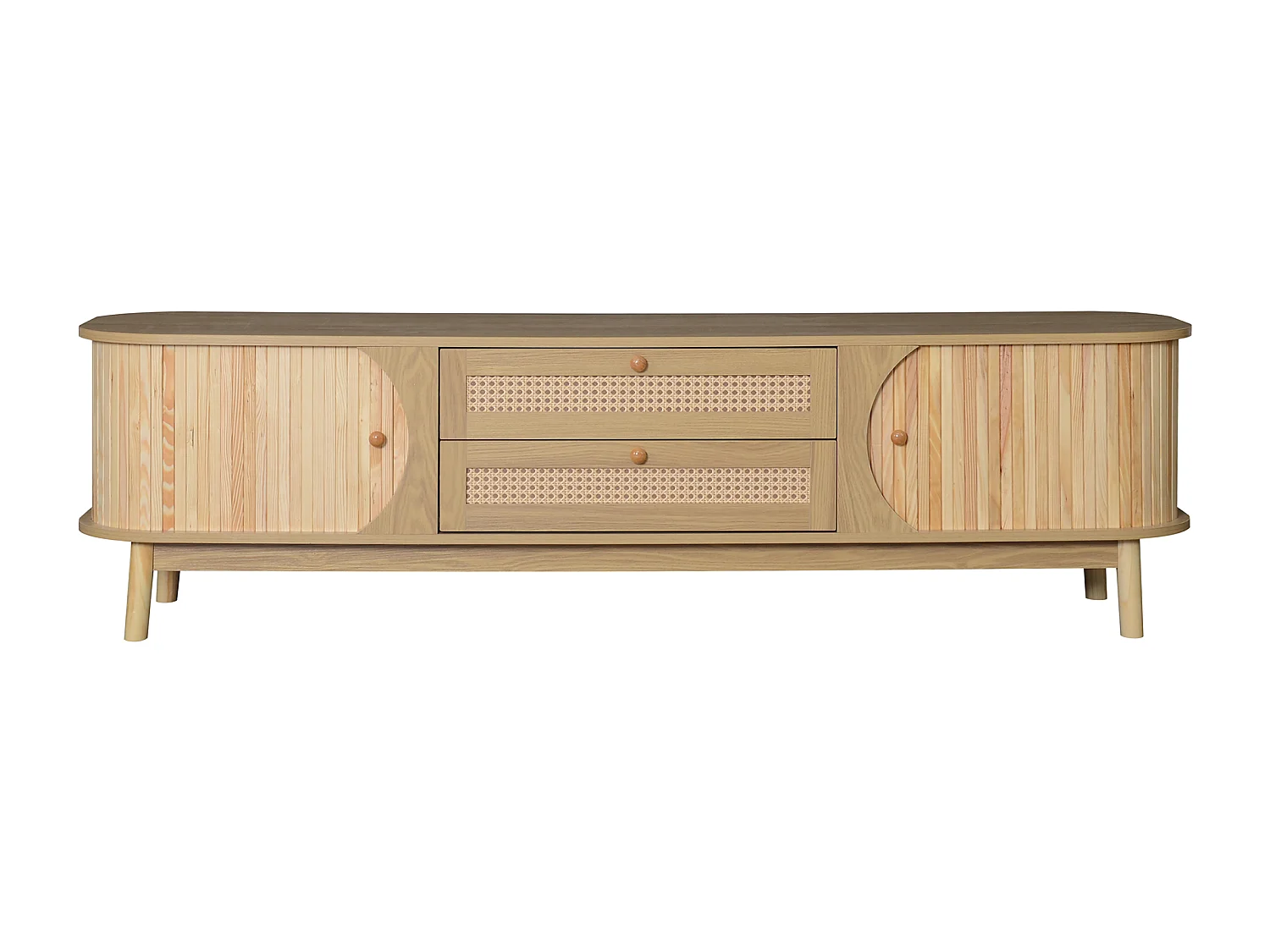 Móvel para TV 170x40x46 cm - 2 gavetas e 2 portas - grão de madeira natural + Rattan - MDF - Natural