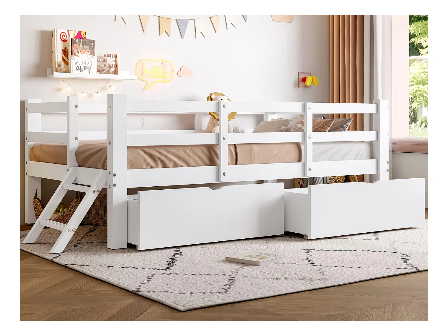 Lit enfant en bois 90x200 cm - avec barrières de sécurité et 2 tiroirs - MDF + pin - Blanc (matelas non inclus)