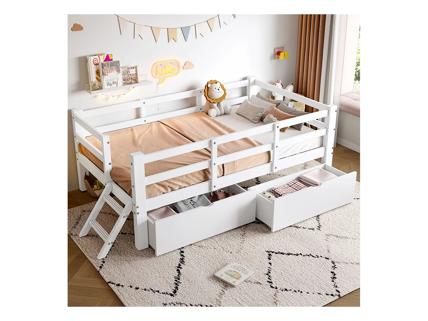 Lit enfant en bois 90x200 cm - avec barrières de sécurité et 2 tiroirs - MDF + pin - Blanc (matelas non inclus)