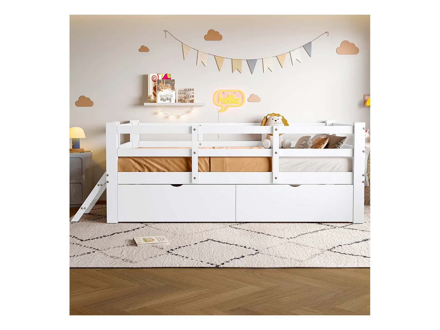 Lit enfant en bois 90x200 cm - avec barrières de sécurité et 2 tiroirs - MDF + pin - Blanc (matelas non inclus)