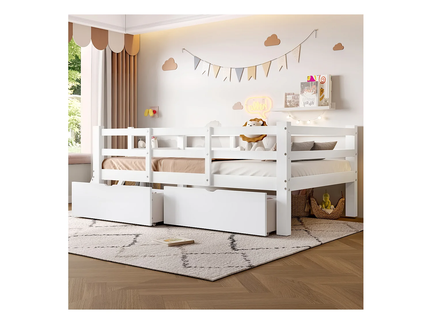 Lit enfant en bois 90x200 cm - avec barrières de sécurité et 2 tiroirs - MDF + pin - Blanc (matelas non inclus)