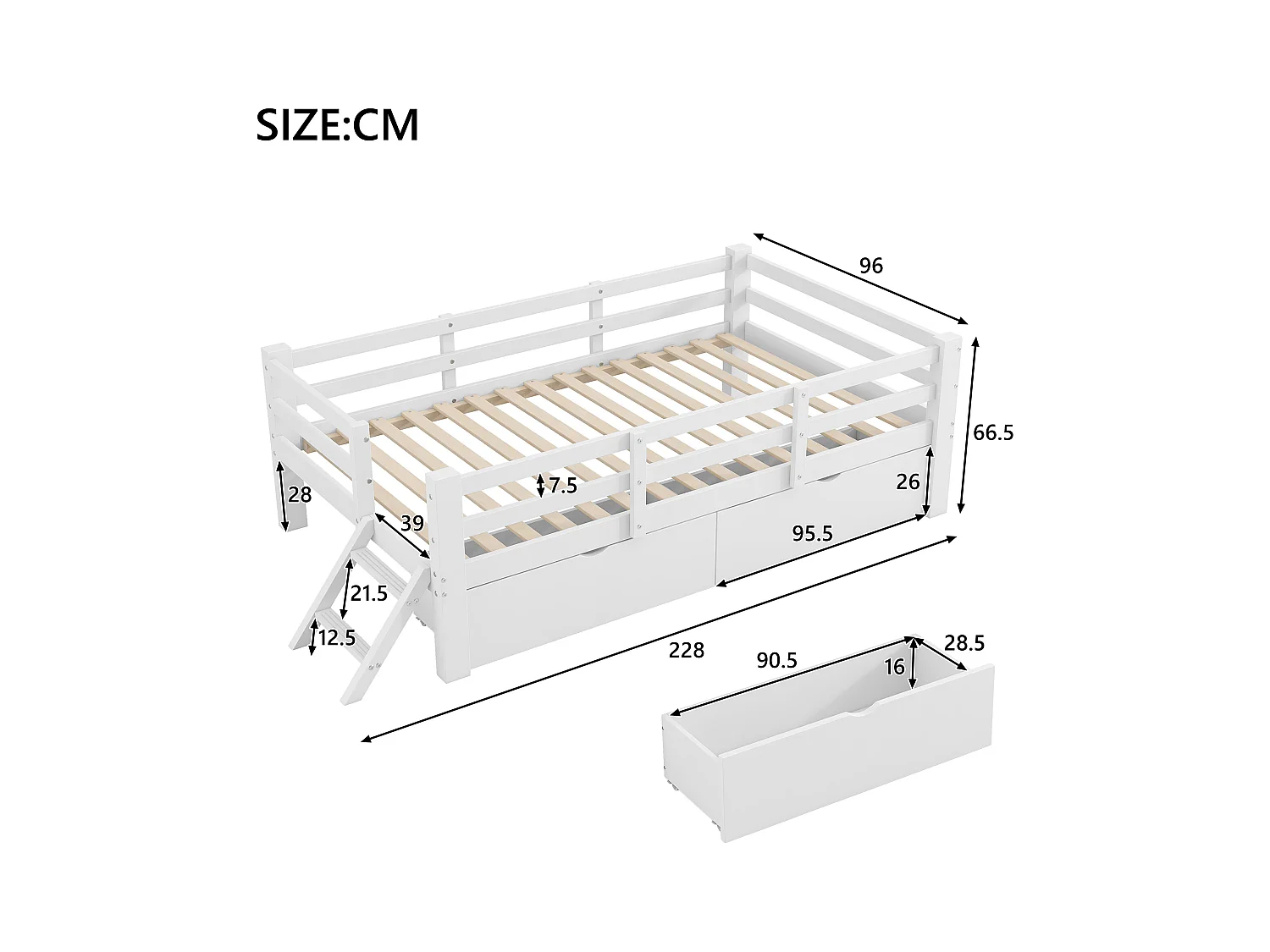 Lit enfant en bois 90x200 cm - avec barrières de sécurité et 2 tiroirs - MDF + pin - Blanc (matelas non inclus)