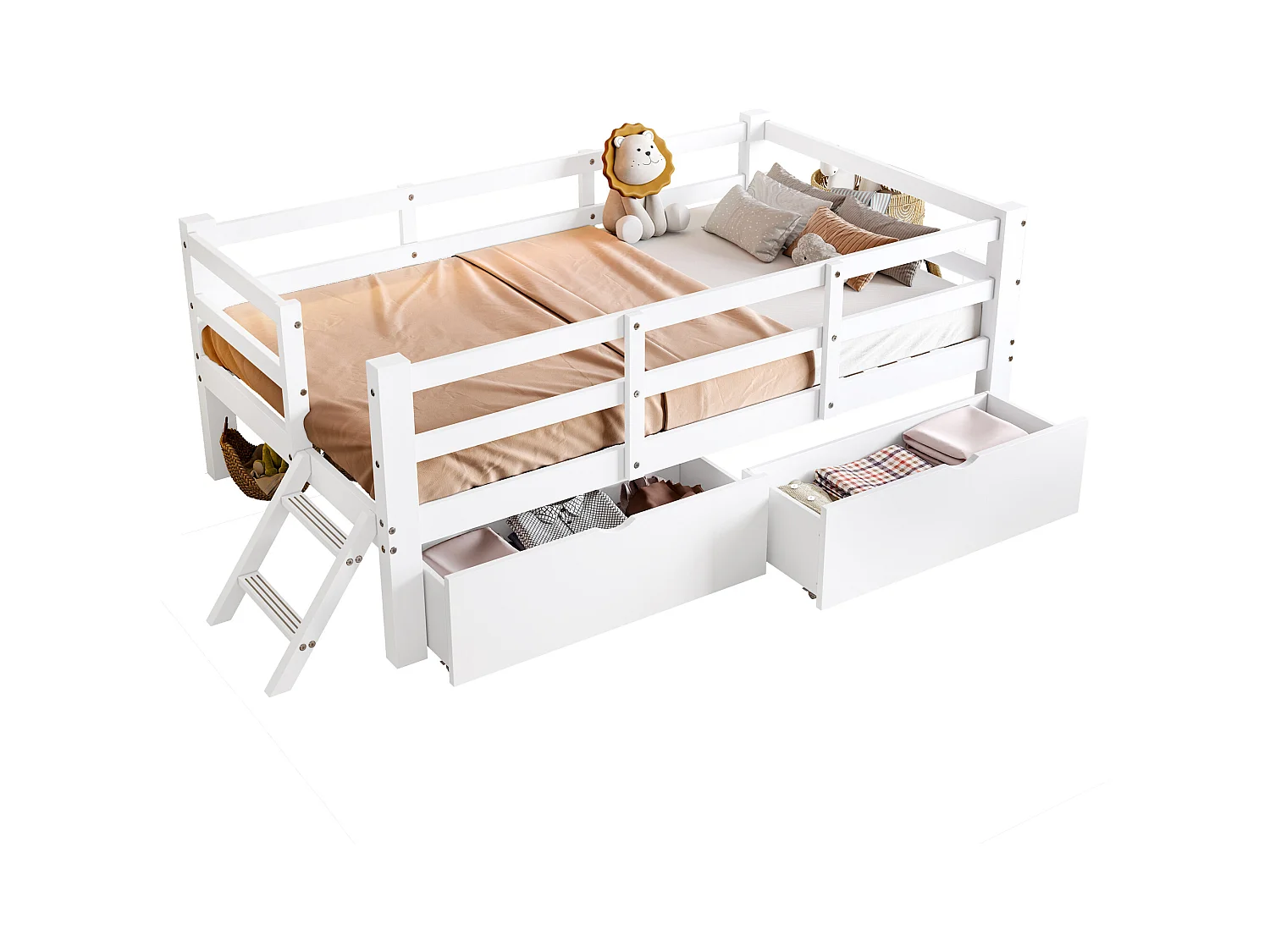 Lit enfant en bois 90x200 cm - avec barrières de sécurité et 2 tiroirs - MDF + pin - Blanc (matelas non inclus)