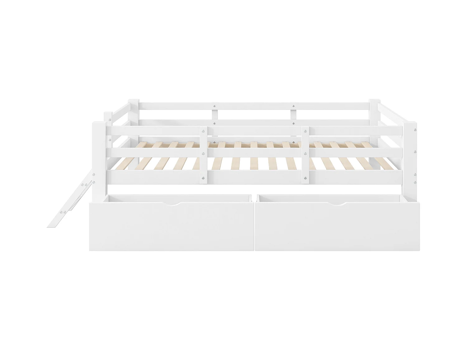 Lit enfant en bois 90x200 cm - avec barrières de sécurité et 2 tiroirs - MDF + pin - Blanc (matelas non inclus)