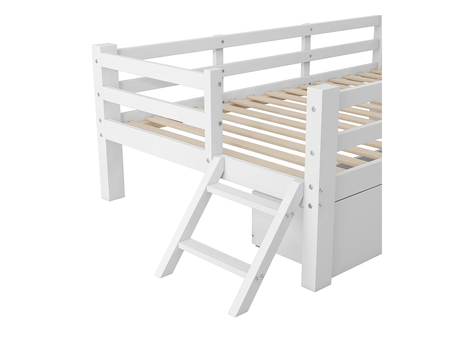 Lit enfant en bois 90x200 cm - avec barrières de sécurité et 2 tiroirs - MDF + pin - Blanc (matelas non inclus)