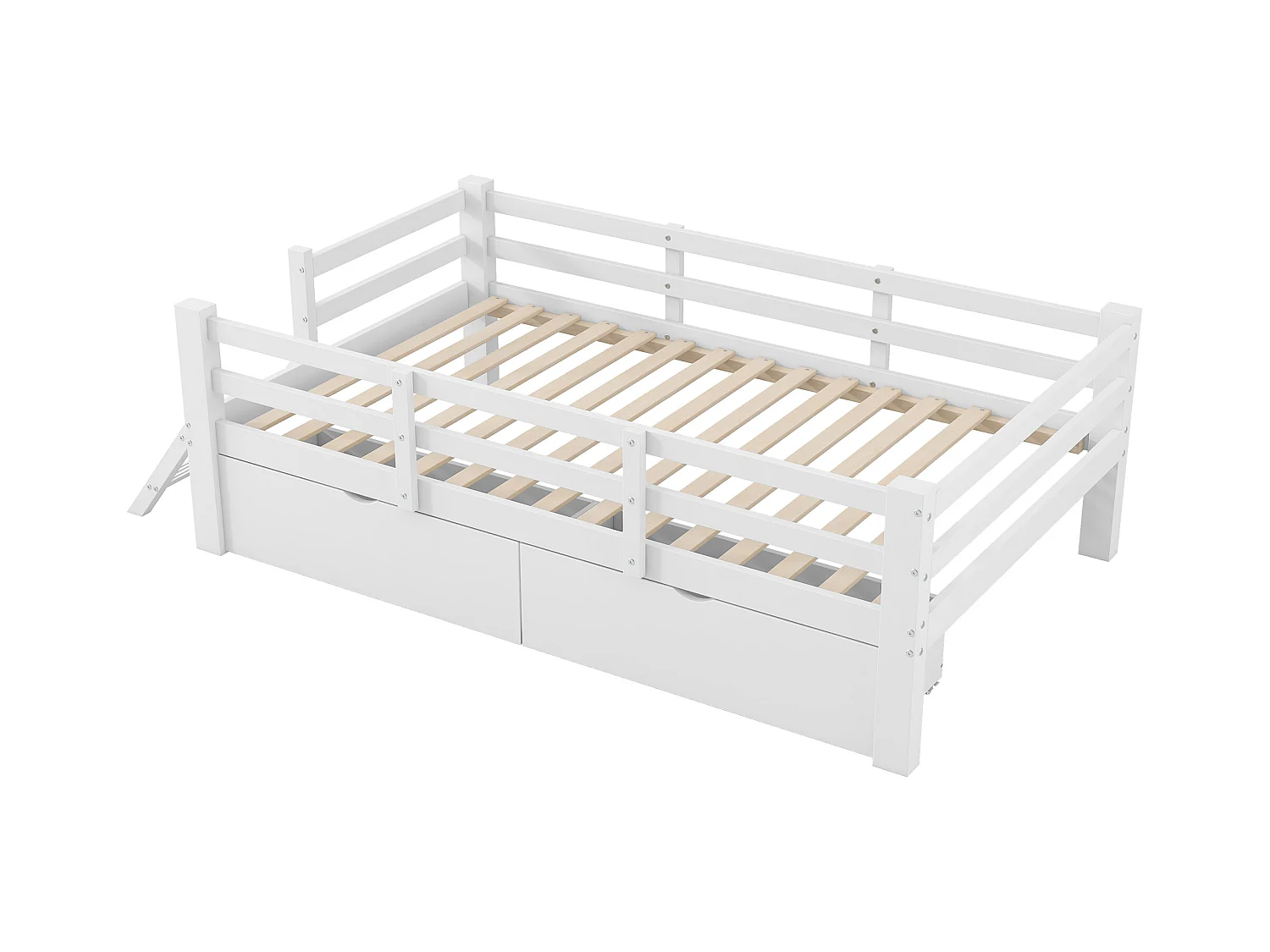 Lit enfant en bois 90x200 cm - avec barrières de sécurité et 2 tiroirs - MDF + pin - Blanc (matelas non inclus)