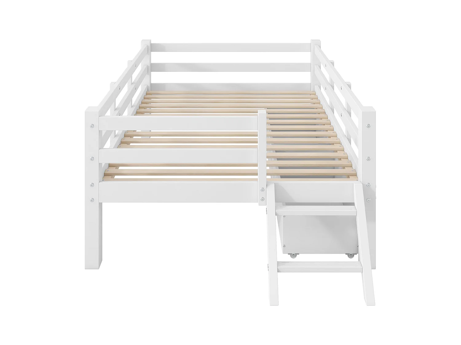Lit enfant en bois 90x200 cm - avec barrières de sécurité et 2 tiroirs - MDF + pin - Blanc (matelas non inclus)