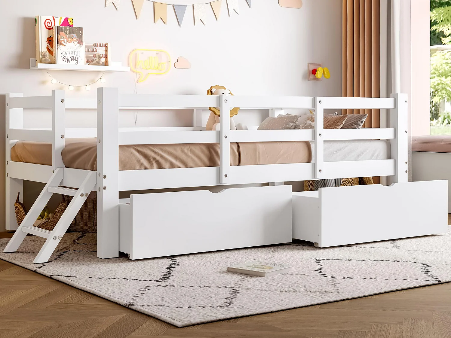 Kinderbett aus Holz 90x200 cm - mit Sicherheitsgittern und 2 Schubladen - MDF + Kiefer - Weiß (Matratze nicht inbegriffen)