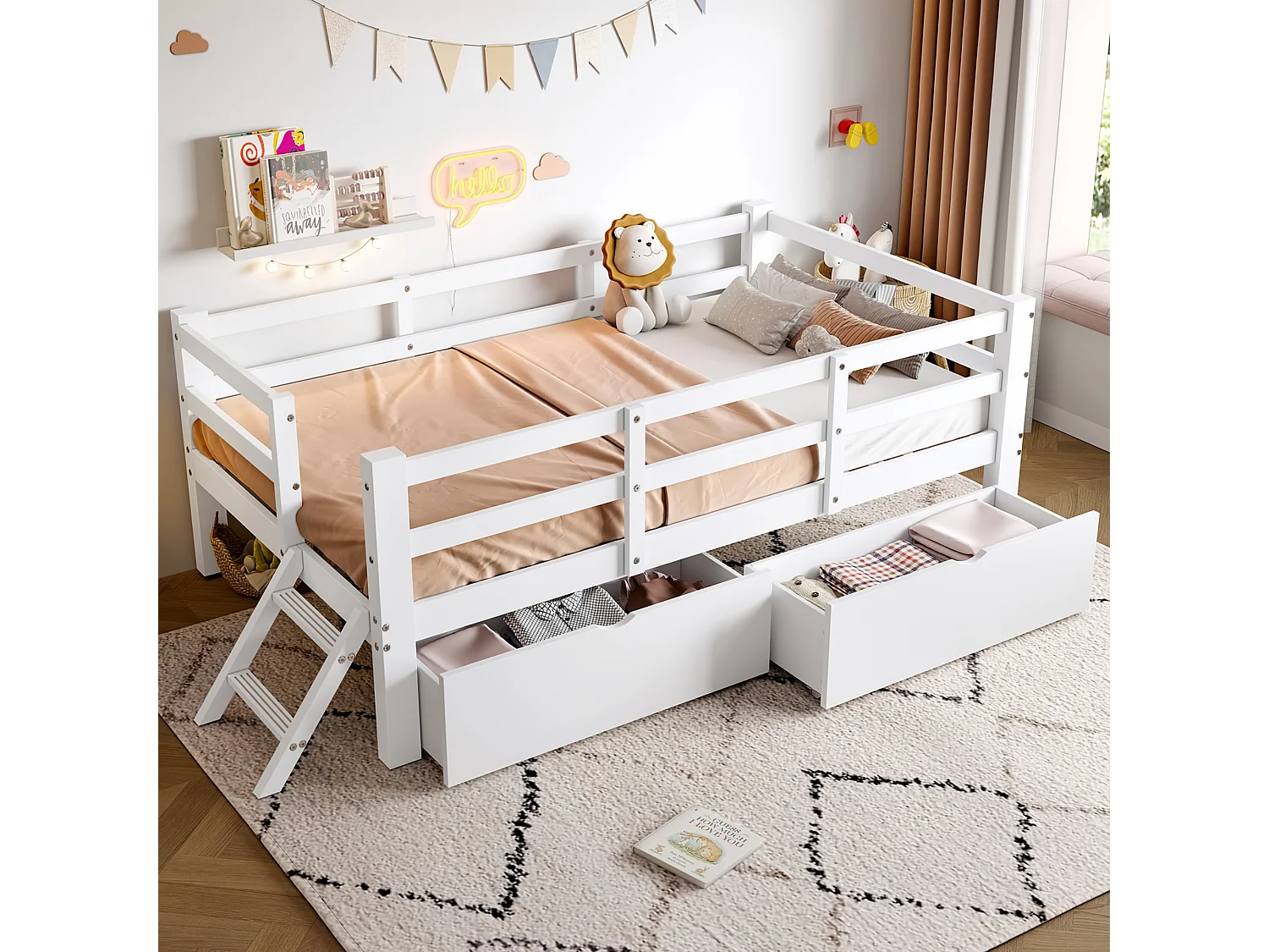 Kinderbett aus Holz 90x200 cm - mit Sicherheitsgittern und 2 Schubladen - MDF + Kiefer - Weiß (Matratze nicht inbegriffen)