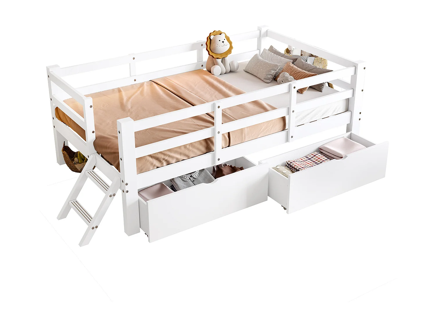 Kinderbett aus Holz 90x200 cm - mit Sicherheitsgittern und 2 Schubladen - MDF + Kiefer - Weiß (Matratze nicht inbegriffen)