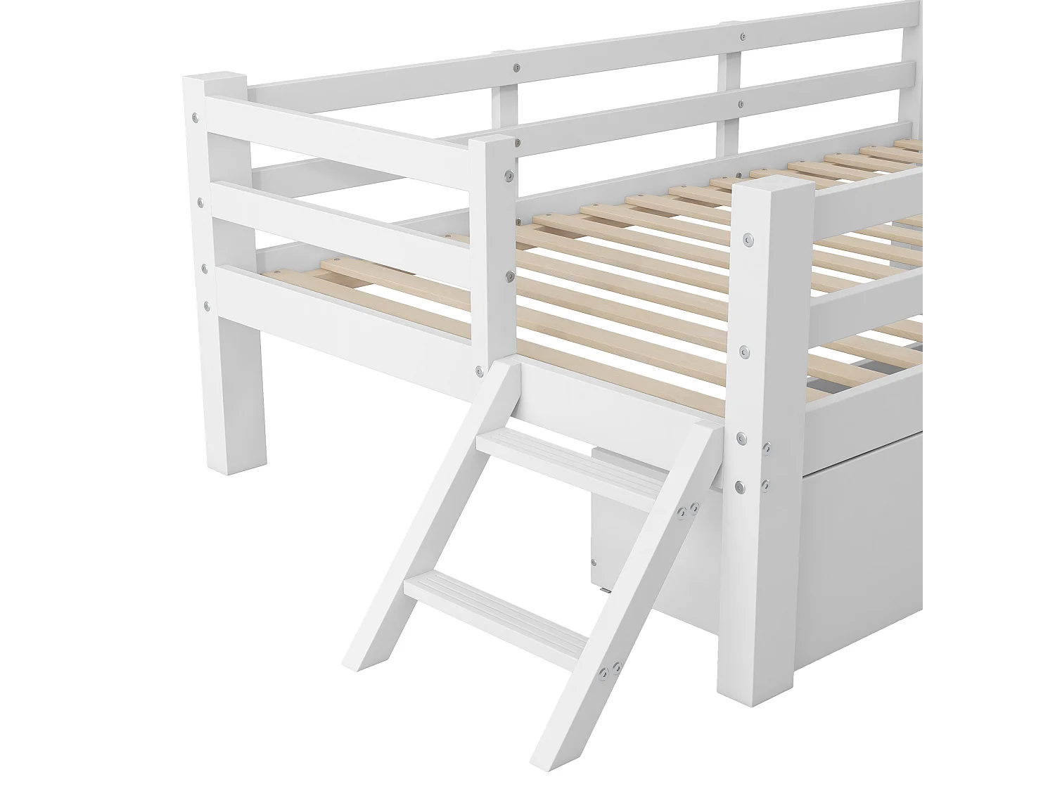 Kinderbett aus Holz 90x200 cm - mit Sicherheitsgittern und 2 Schubladen - MDF + Kiefer - Weiß (Matratze nicht inbegriffen)