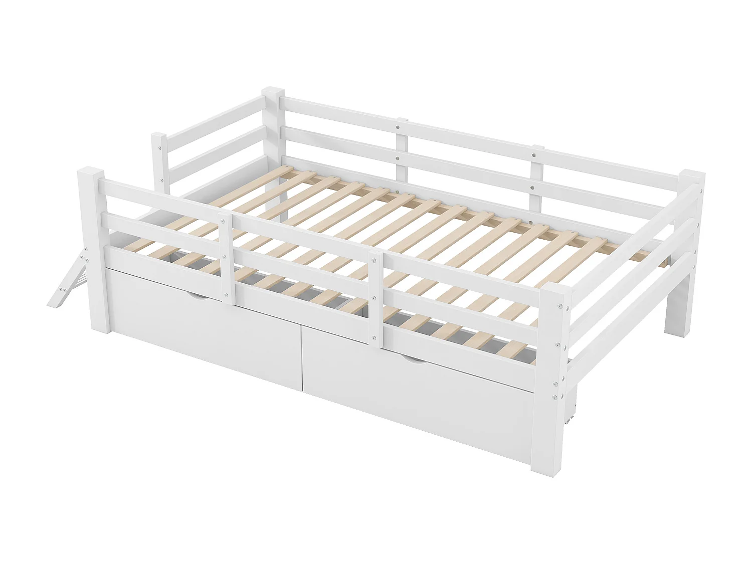 Kinderbett aus Holz 90x200 cm - mit Sicherheitsgittern und 2 Schubladen - MDF + Kiefer - Weiß (Matratze nicht inbegriffen)