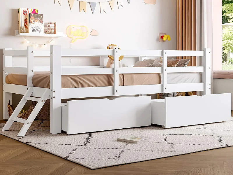 Łóżko dziecięce z drewna 90x200 cm - z barierkami zabezpieczającymi i 2 szufladami - MDF + sosna - Biały (materac nie jest wliczony w cenę)