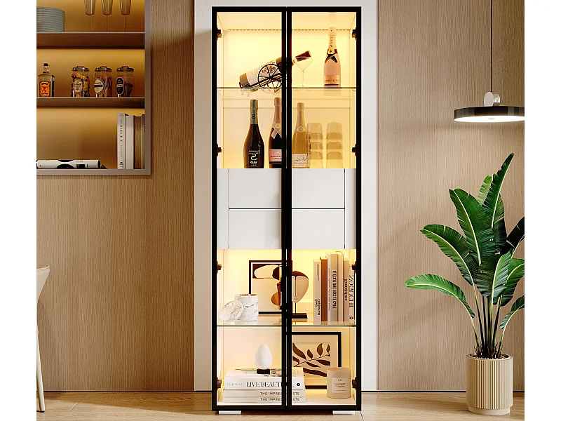 Vitrine 60x40x160 cm - avec éclairage LED - 2 portes vitrées - 2 tiroirs - MDF + verre - Blanc