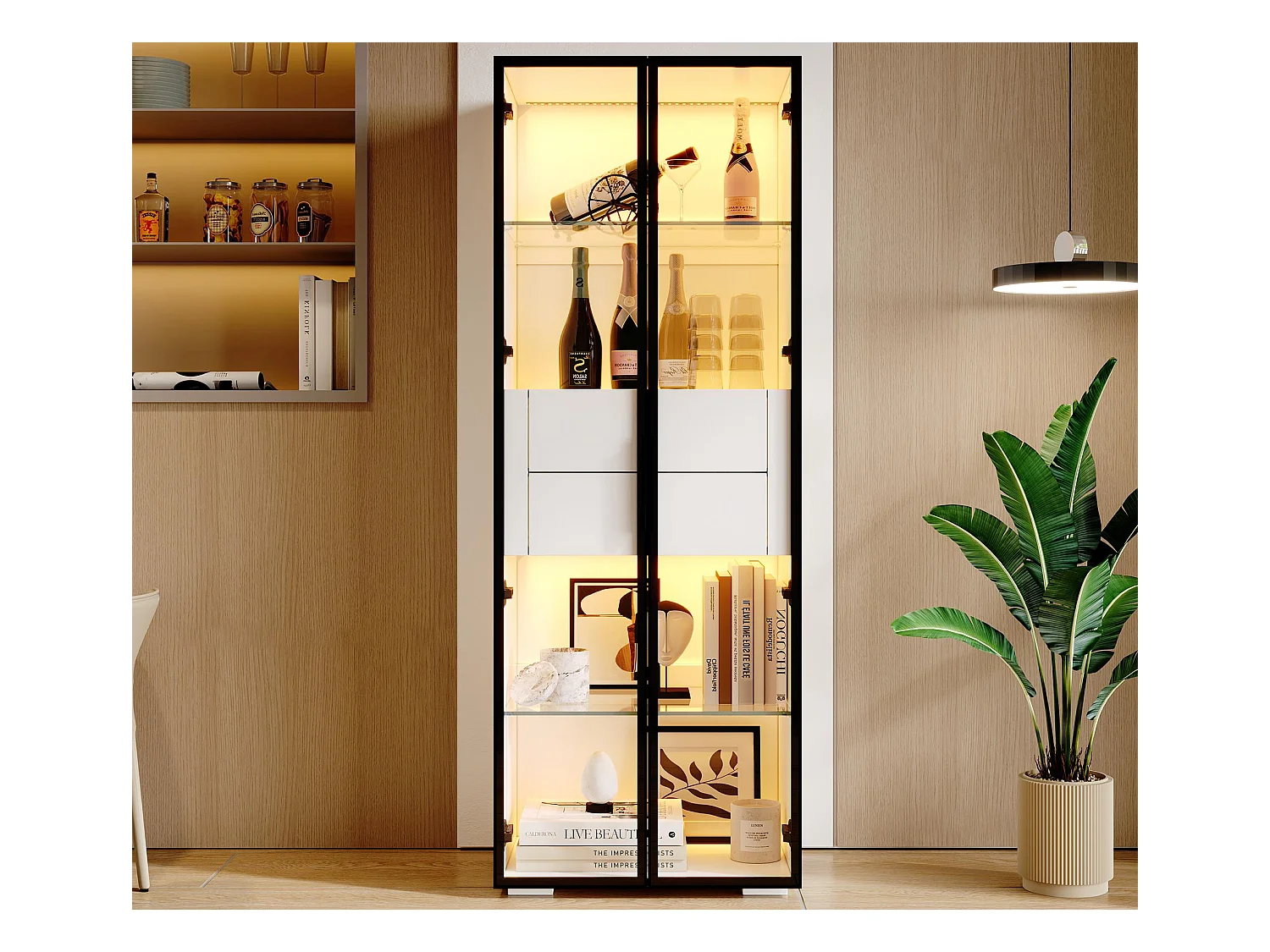 Vitrine 60x40x160 cm - mit LED-Beleuchtung - 2 Glastüren - 2 Schubladen - MDF + Glas - Weiß