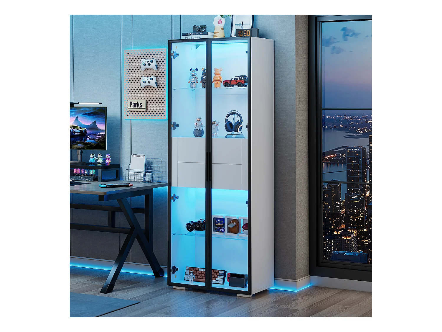 Vitrine 60x40x160 cm - mit LED-Beleuchtung - 2 Glastüren - 2 Schubladen - MDF + Glas - Weiß