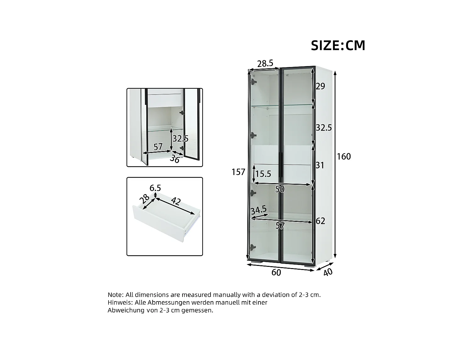 Vitrine 60x40x160 cm - mit LED-Beleuchtung - 2 Glastüren - 2 Schubladen - MDF + Glas - Weiß