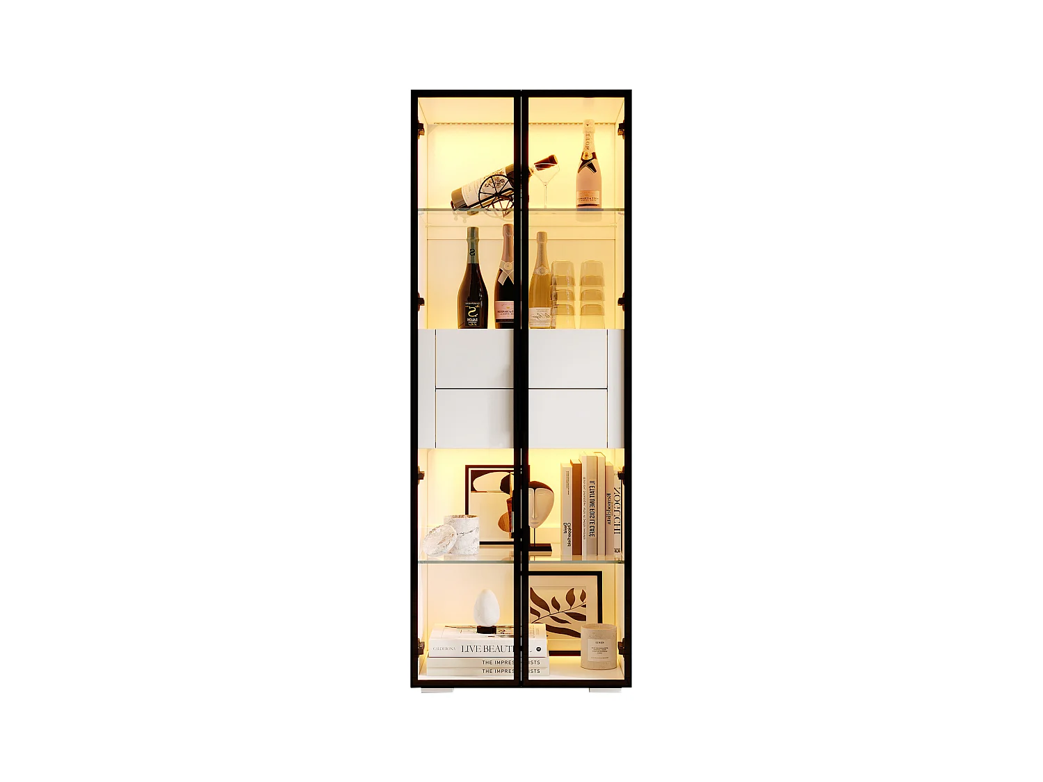 Vitrine 60x40x160 cm - mit LED-Beleuchtung - 2 Glastüren - 2 Schubladen - MDF + Glas - Weiß