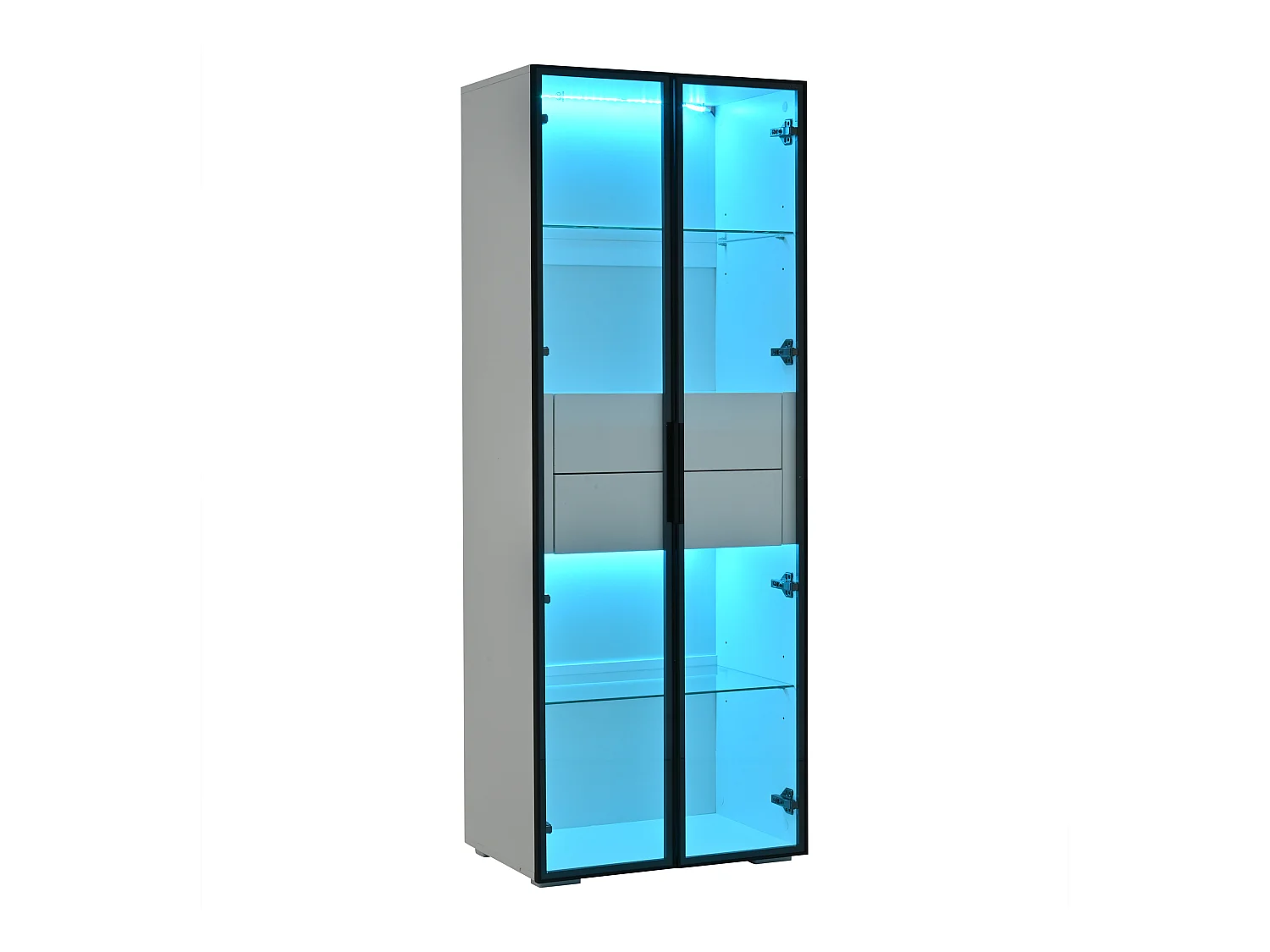 Vitrine 60x40x160 cm - mit LED-Beleuchtung - 2 Glastüren - 2 Schubladen - MDF + Glas - Weiß