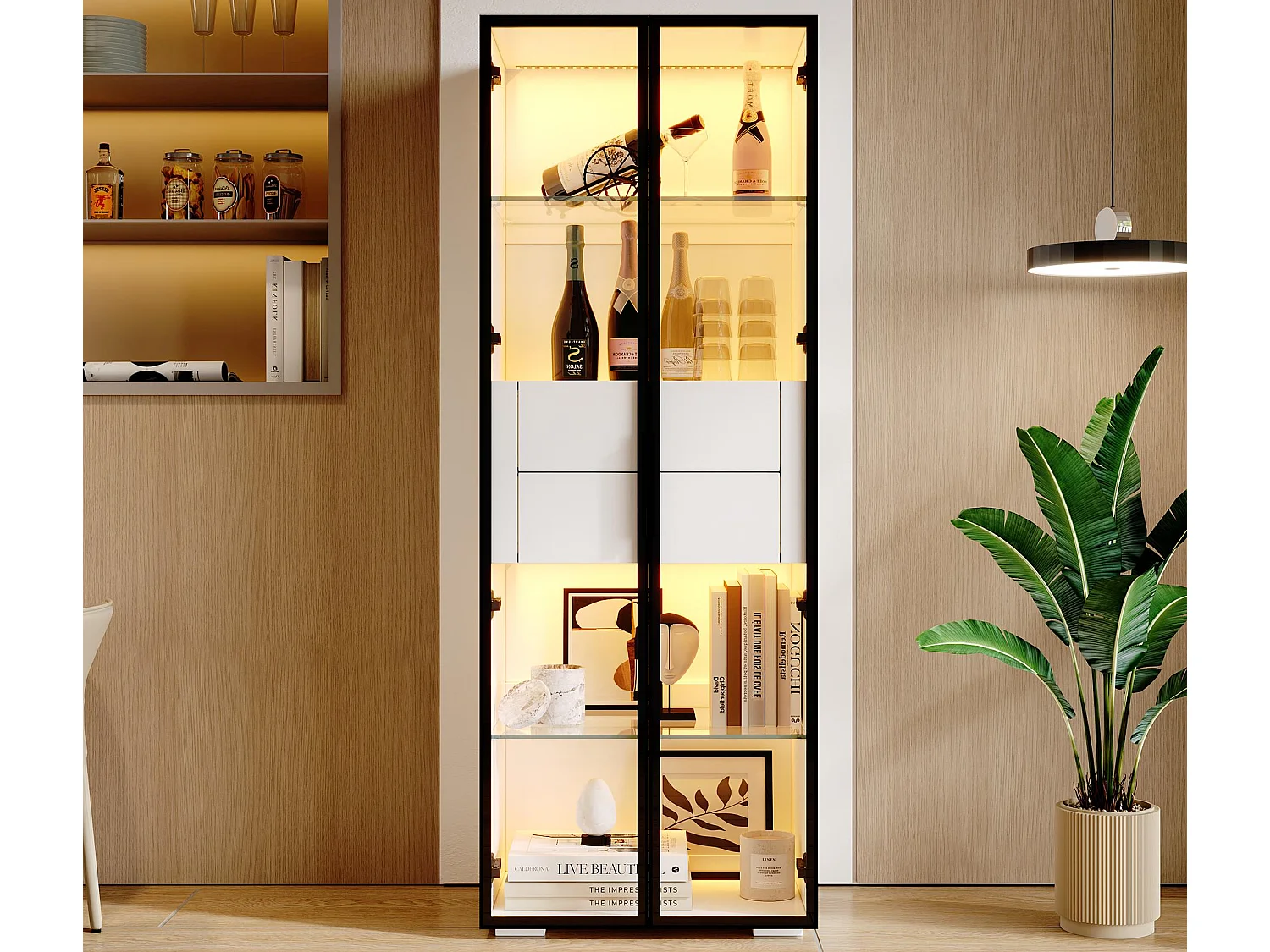 Vitrine 60x40x160 cm - avec éclairage LED - 2 portes vitrées - 2 tiroirs - MDF + verre - Blanc