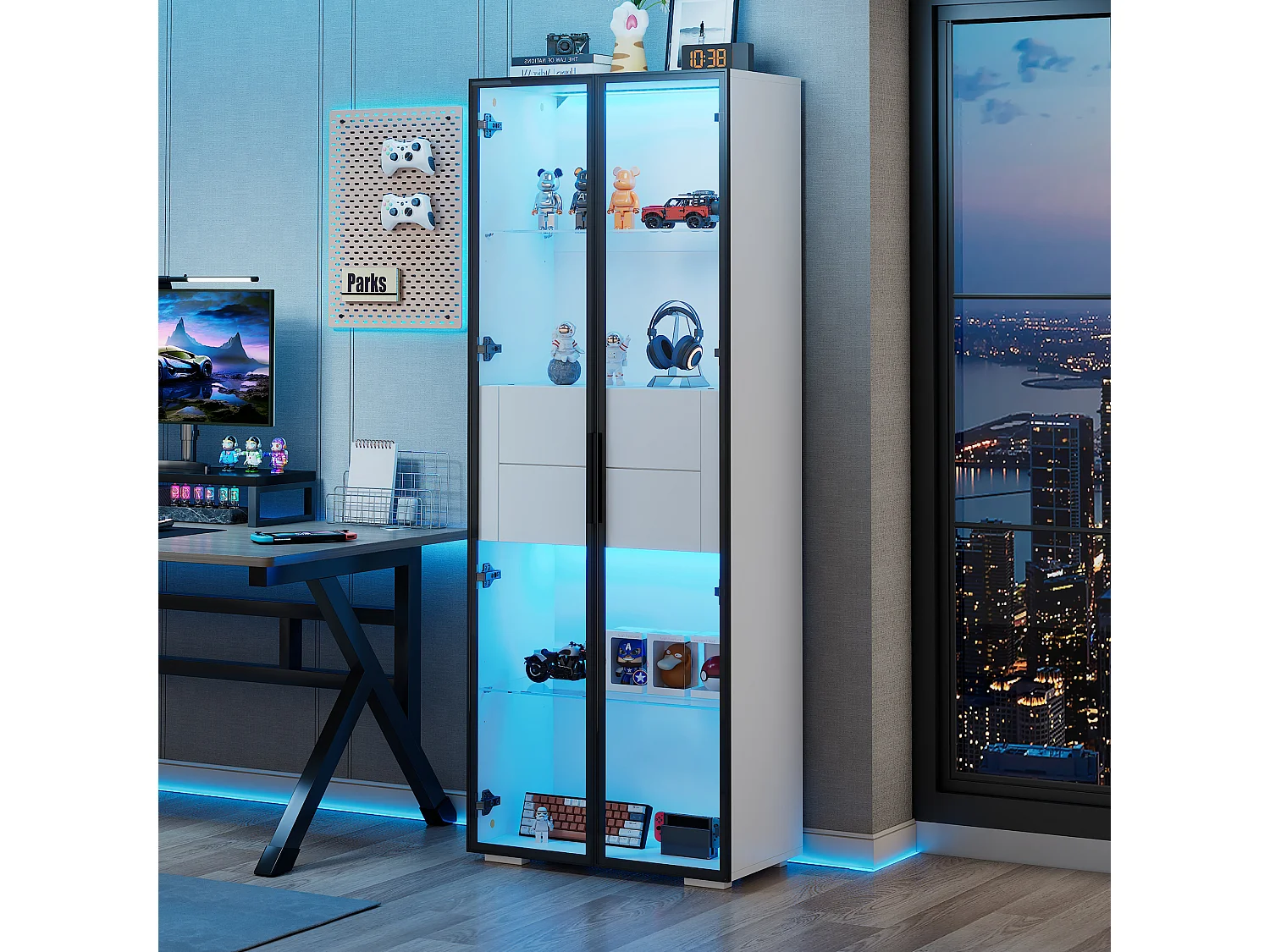 Vitrine 60x40x160 cm - avec éclairage LED - 2 portes vitrées - 2 tiroirs - MDF + verre - Blanc