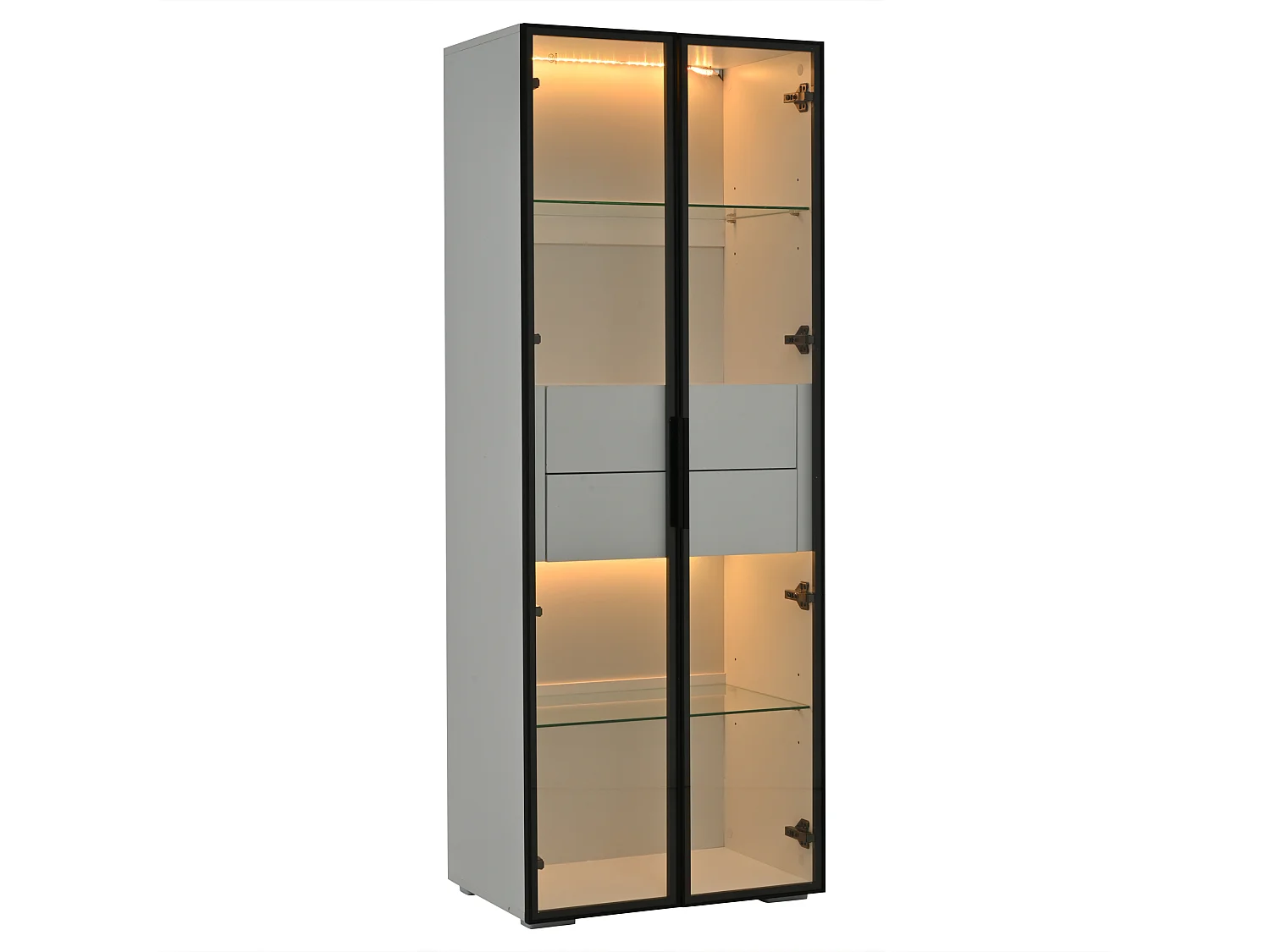 Vitrine 60x40x160 cm - avec éclairage LED - 2 portes vitrées - 2 tiroirs - MDF + verre - Blanc