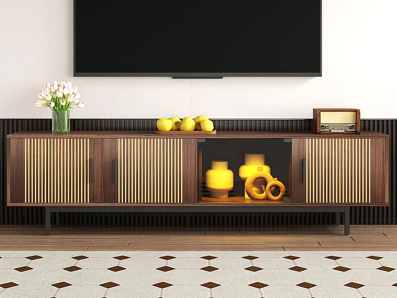 Meuble TV 159x35x53cm - avec LED - avec 2 portes - texture rayée - style campagnard - marron