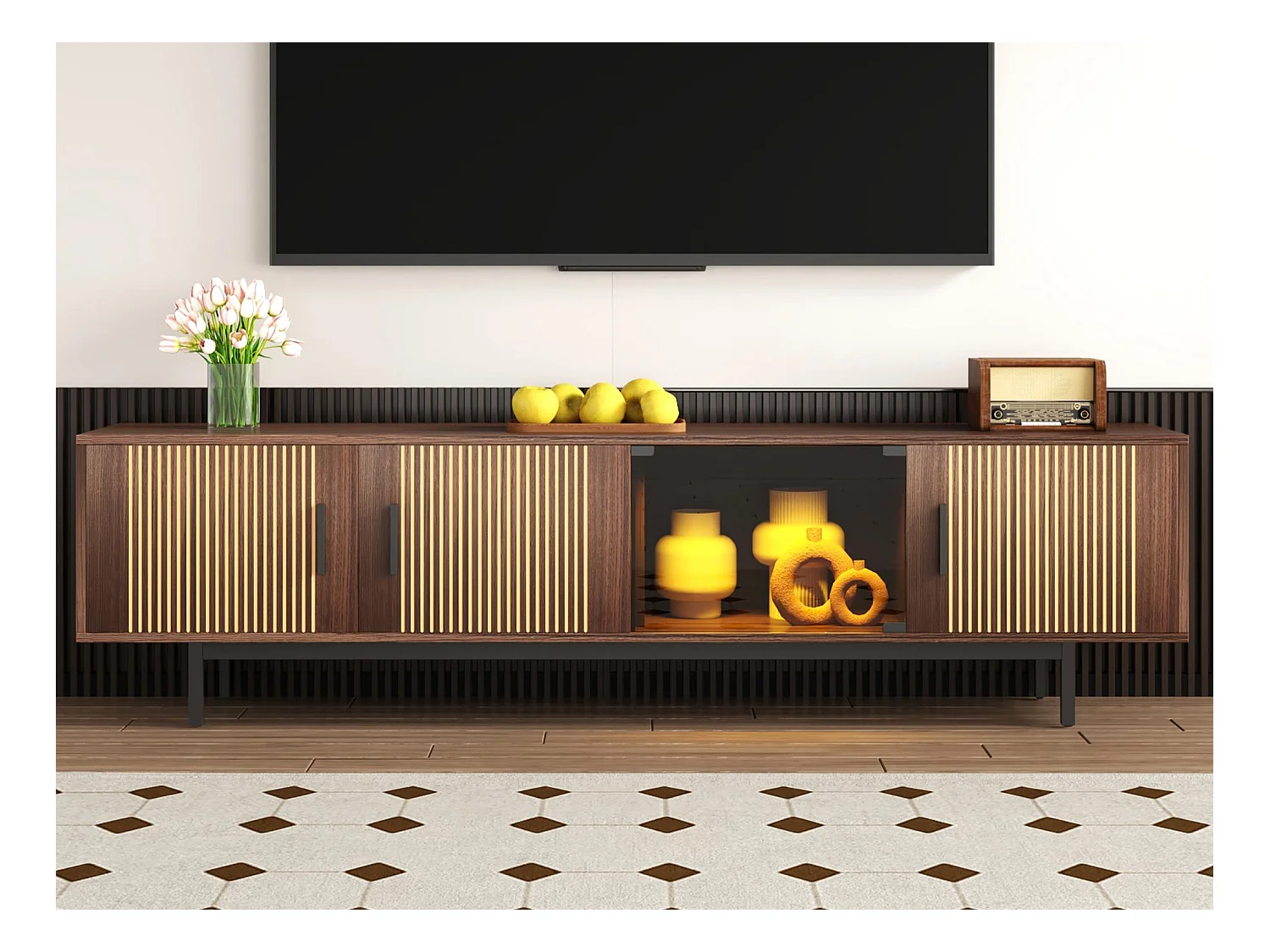 Meuble TV 159x35x53cm - avec LED - avec 2 portes - texture rayée - style campagnard - marron