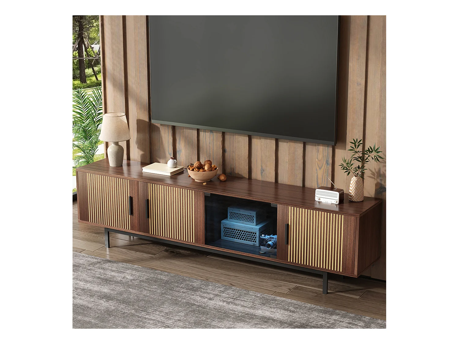 Meuble TV 159x35x53cm - avec LED - avec 2 portes - texture rayée - style campagnard - marron