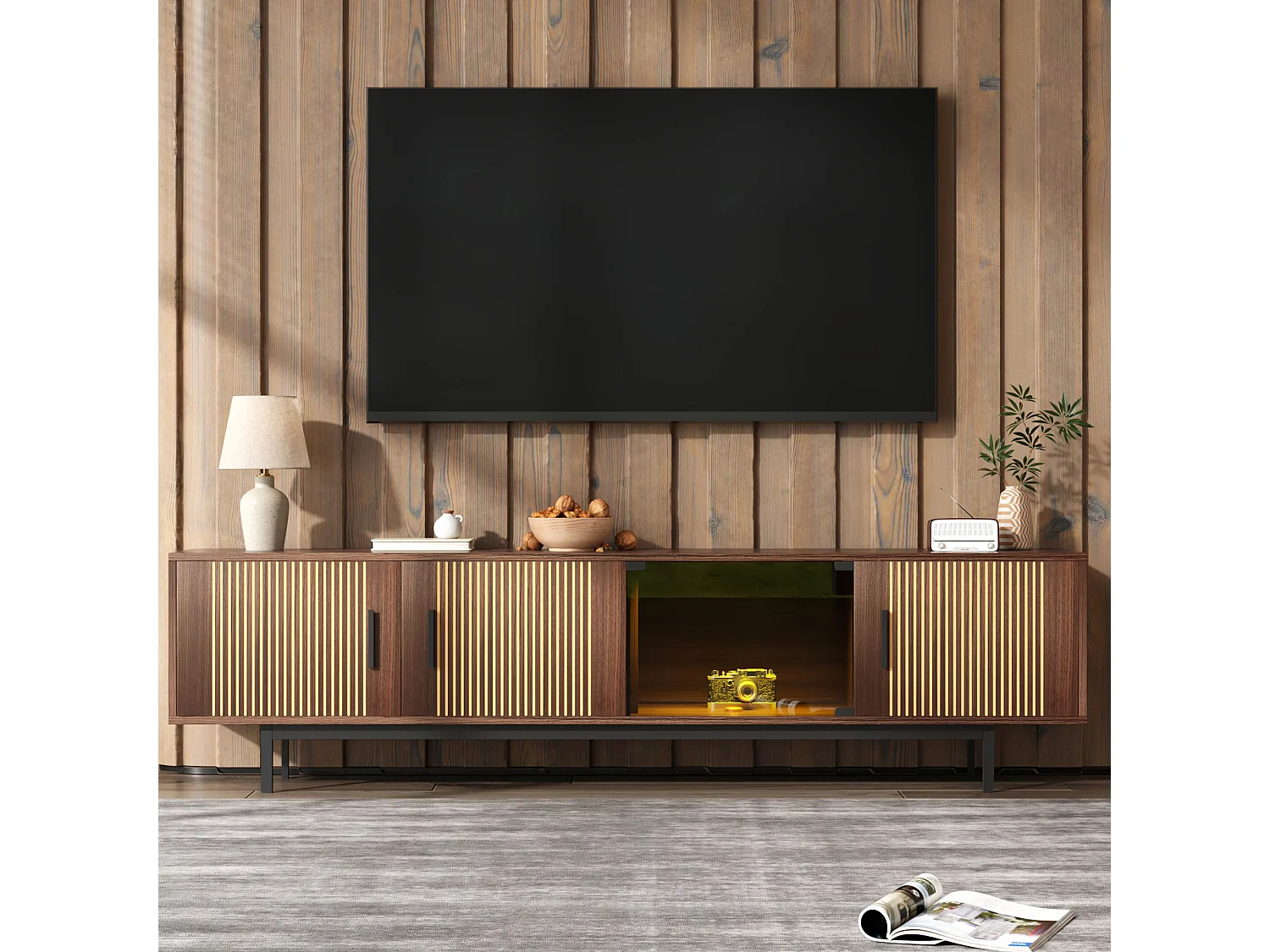 Meuble TV 159x35x53cm - avec LED - avec 2 portes - texture rayée - style campagnard - marron