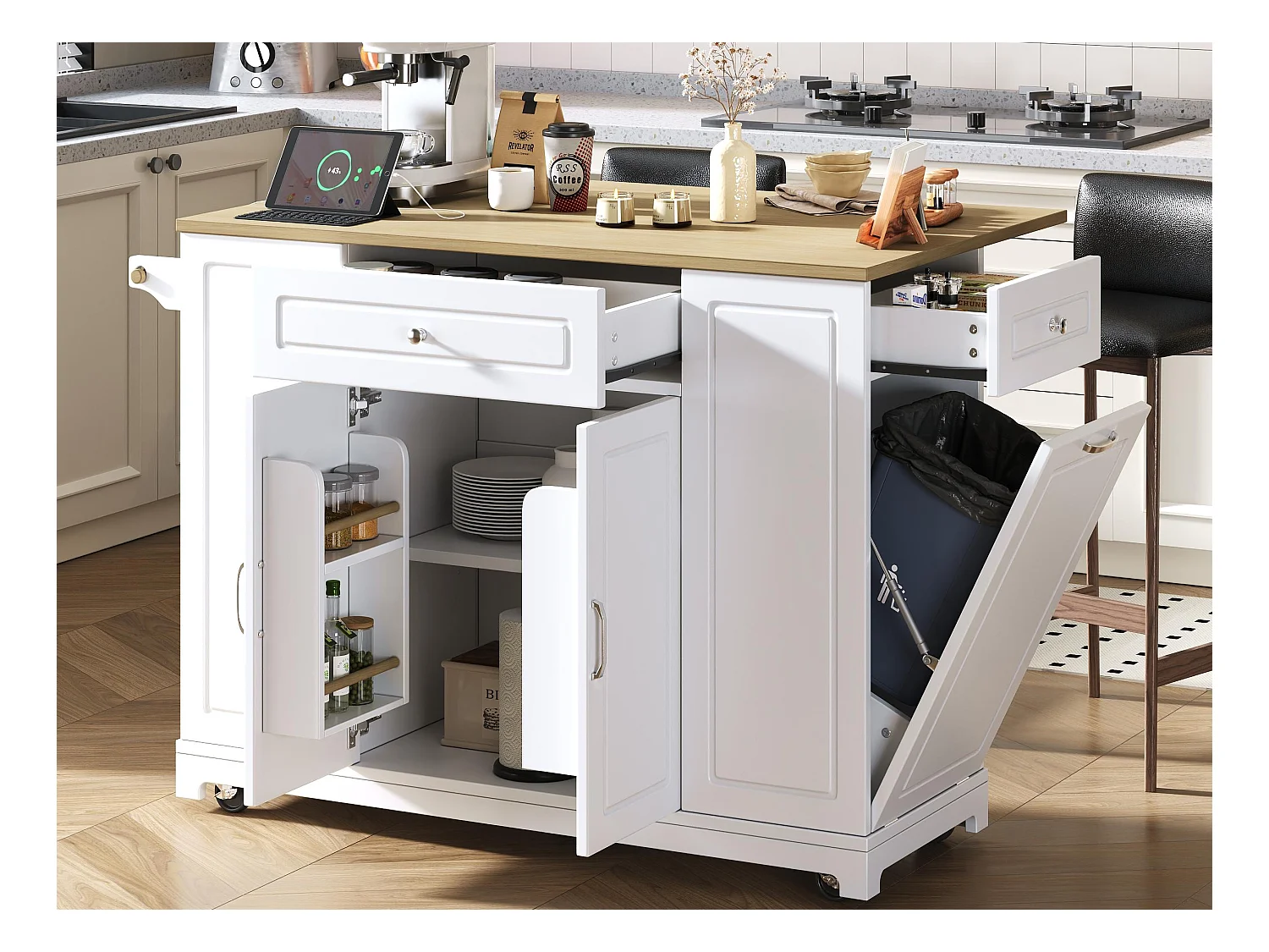 Ilot central de cuisine mobile 131.8x40x93.3cm - plateau extensible - avec USB - avec compartiment poubelle et rangement multifonctionnel - blanc
