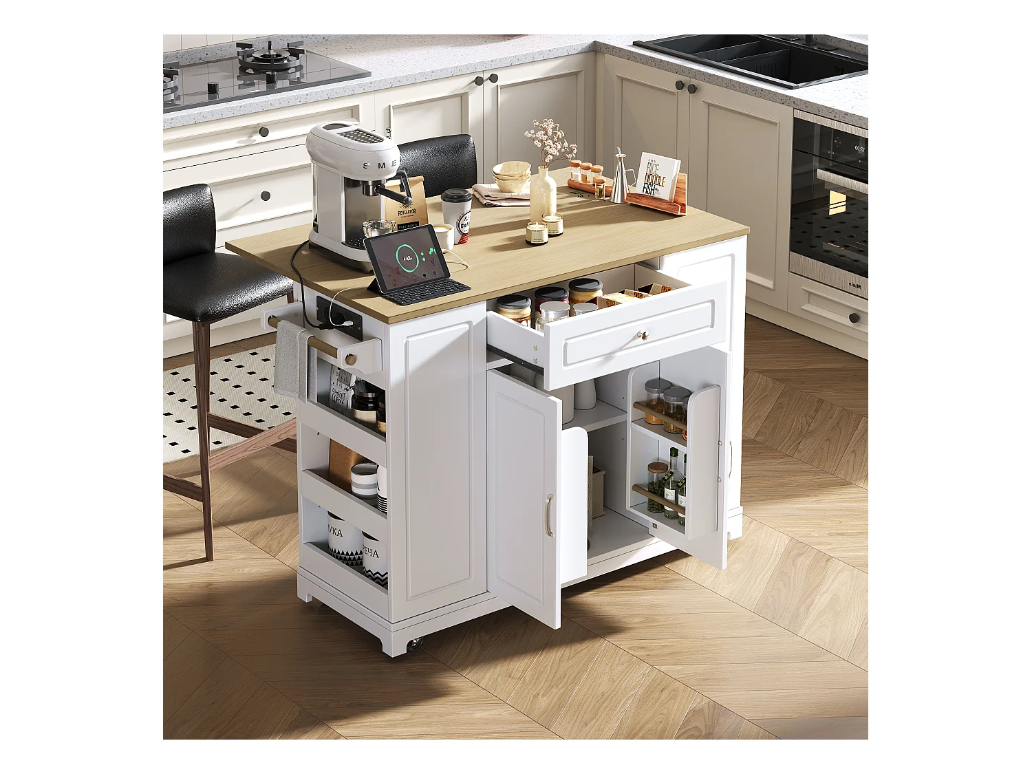 Ilot central de cuisine mobile 131.8x40x93.3cm - plateau extensible - avec USB - avec compartiment poubelle et rangement multifonctionnel - blanc